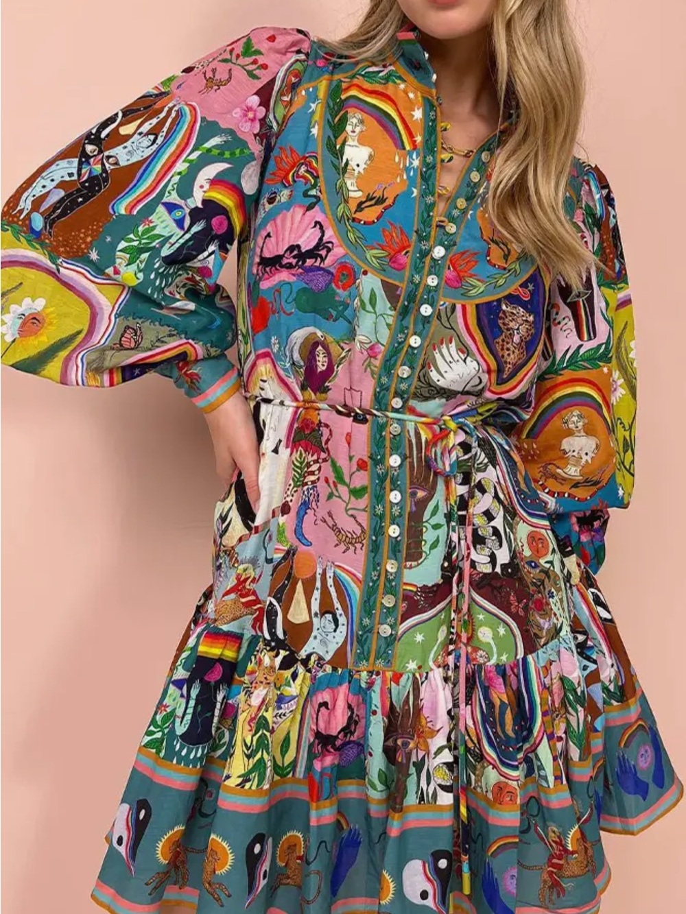 Alemais Whimsical Multicolor Printed Long-Sleeve Button Front Dress - Picture 2 of 6